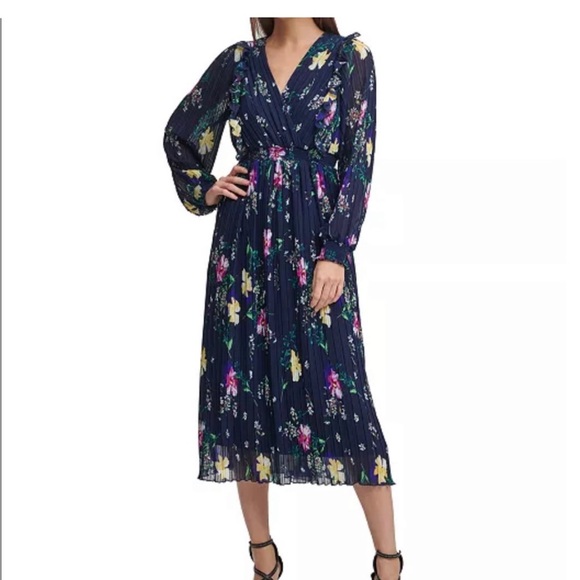 DKNY Women’s Navy Long Sleeve Surplice Neckline Midi Dress, size 12 - Picture 1 of 3